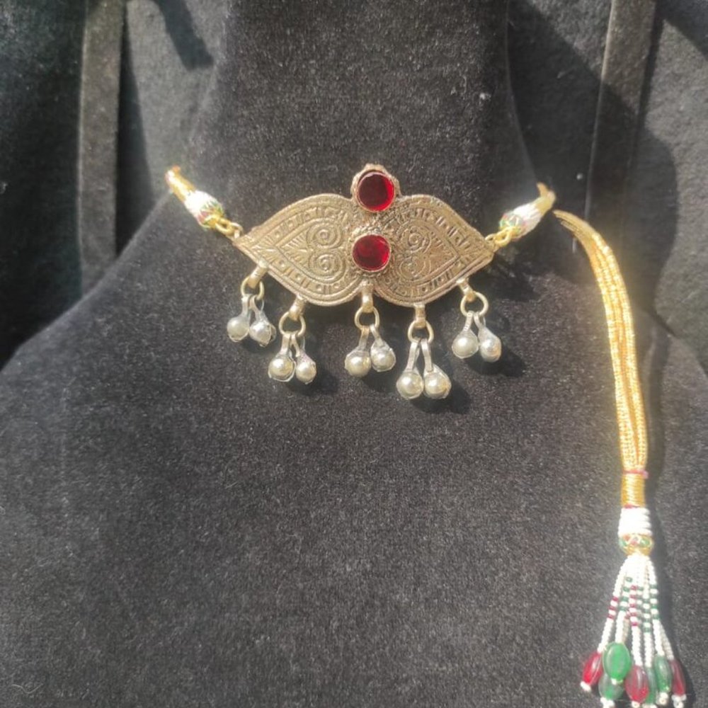 Afghan Kuchi Choker Necklace: Vintage Tribal Bells, Red Glass Stones - Picture 2 of 8
